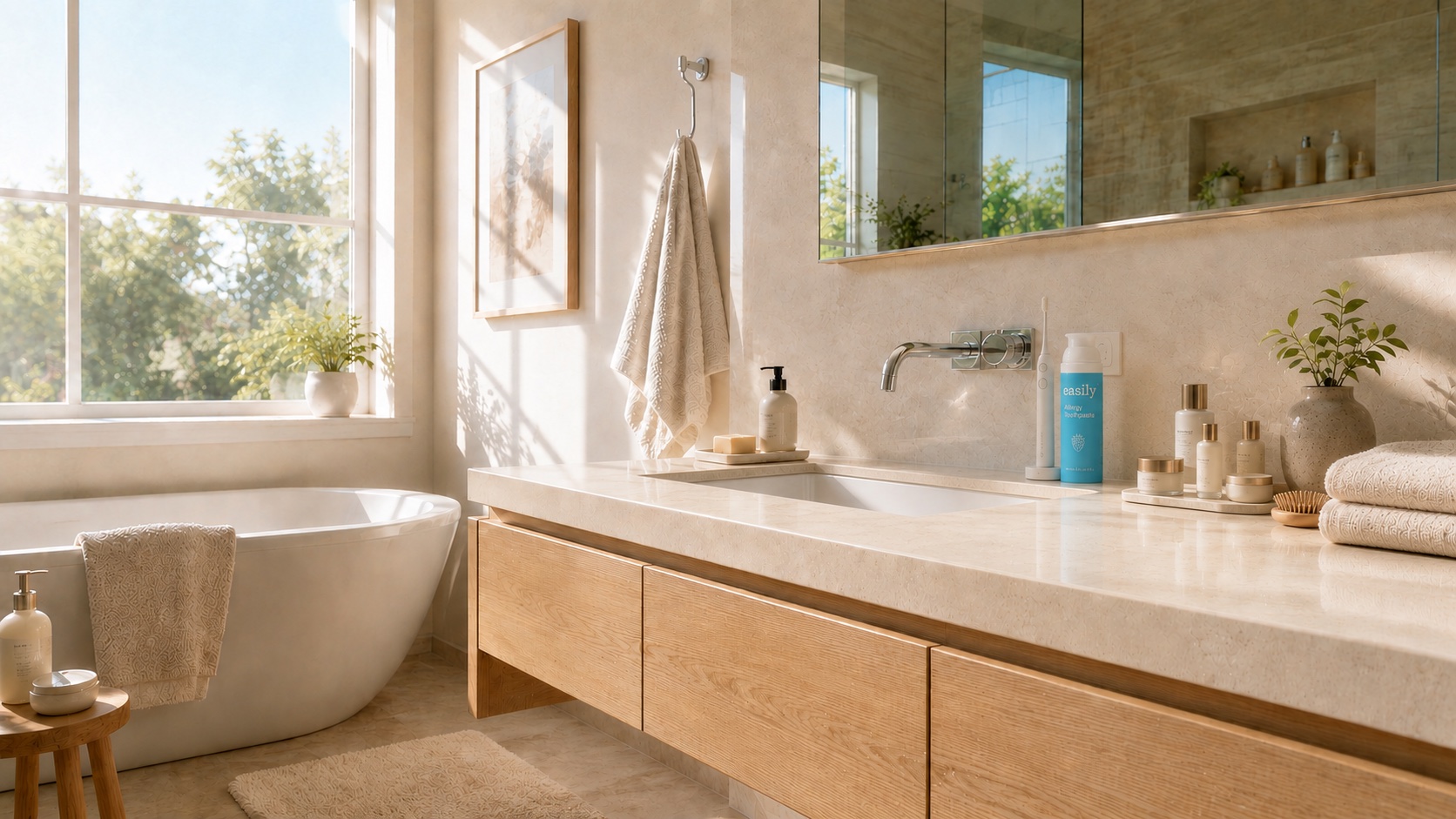 Sunlit bathroom counter with Easily allergy toothpaste beside a toothbrush